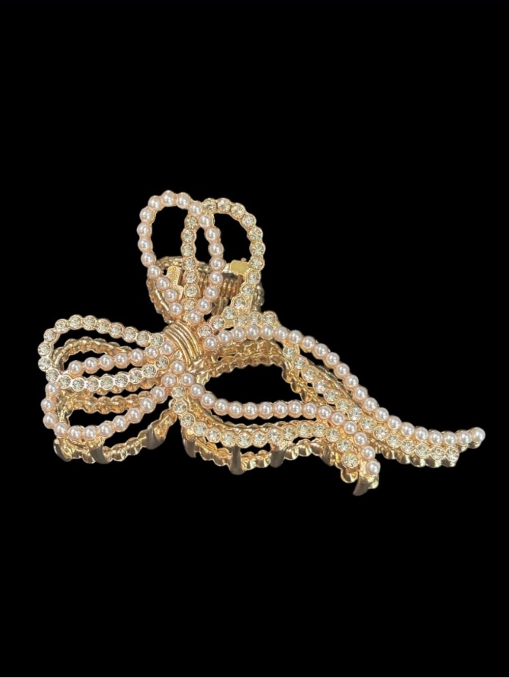 Gold Bow Claw Clip with Pearls and Clear Rhinestones NWOT